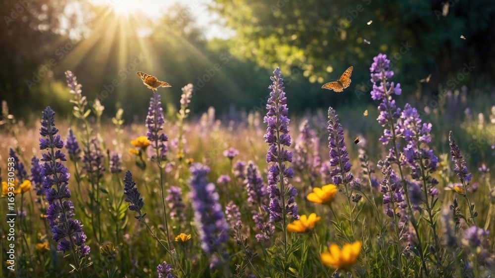 Obraz premium Vibrant wildflower meadow at sunset with butterflies fluttering amidst blooming purple and yellow flowers
