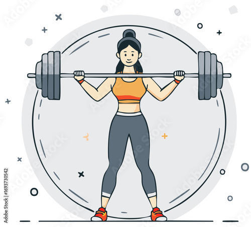 Strong woman smiling while weightlifting with heavy barbell, engaging in fitness workout training