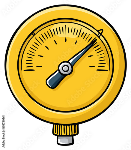 Illustrated yellow pressure gauge with indicator needle pointing, round dial