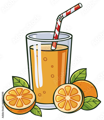 Refreshing orange juice in a clear glass with a striped straw and fresh sliced oranges citrus fruit illustration