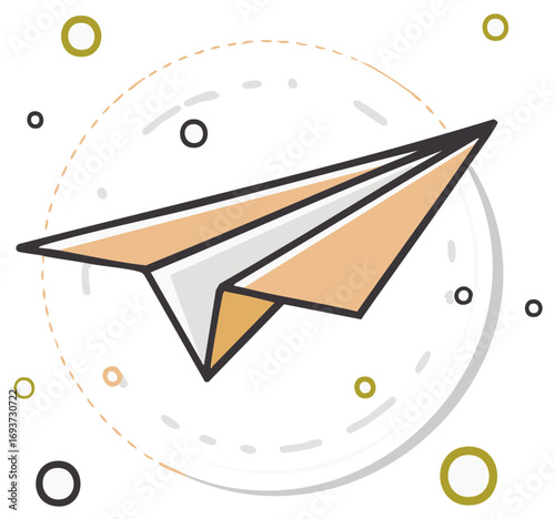 Paper airplane illustration with dashed circle and simple design elements.