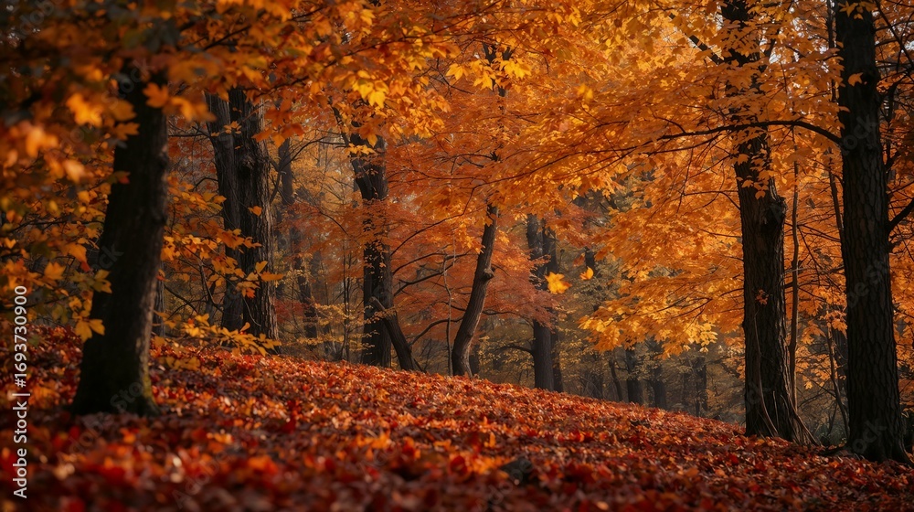 Fototapeta premium Autumn Leaves, vibrant red, orange, and golden foliage scattered on the ground, warm seasonal tones reflecting the beauty of fall nature