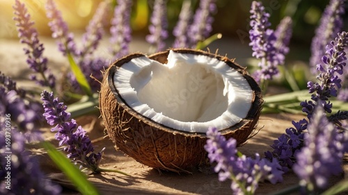 Coconut half surrounded by vibrant lavender flowers in a sunny garden setting, evoking tranquility