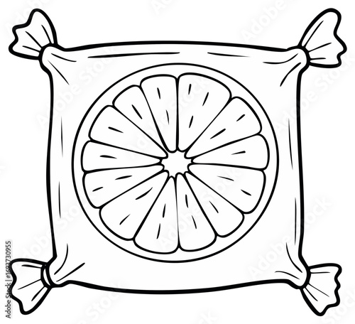 Cartoon line drawing of a citrus fruit candy in a twisted wrapper