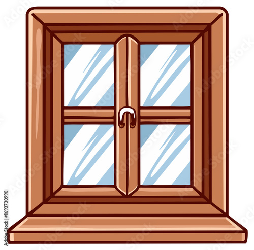 Cartoon Wooden Window with Double Shutters and Handle Illustration
