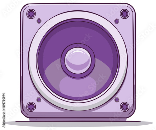 Modern purple speaker with a round woofer and cone for audio sound reproduction