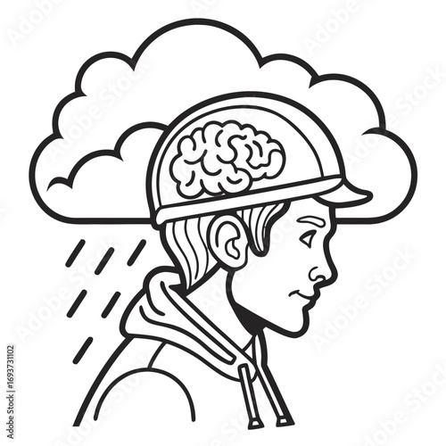A protective hard hat shields a thinking person's brain from rain and stormy weather conditions
