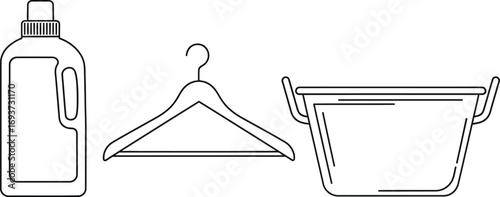 Laundry items: detergent bottle, clothes hanger, and a laundry tub.