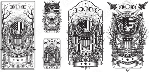 Vintage Military Crest Illustrations with American Eagle and Department of War Emblems for Patriotic Designs and Government Symbolism