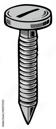 Cartoon screw illustration in black and white color, close up of a fastener