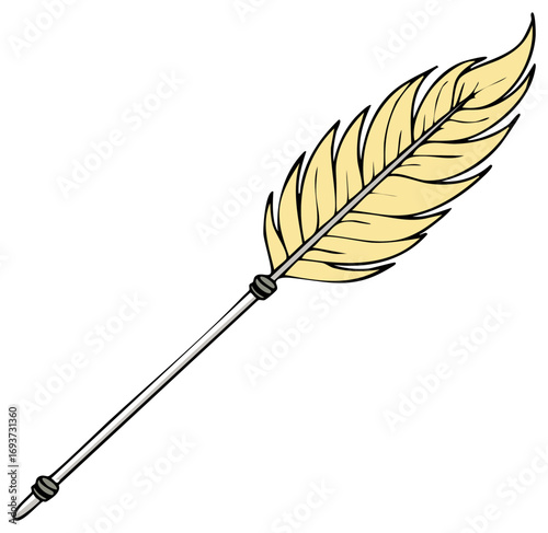 Stylized yellow quill pen illustration with detailed feather barbs, symbol of writing