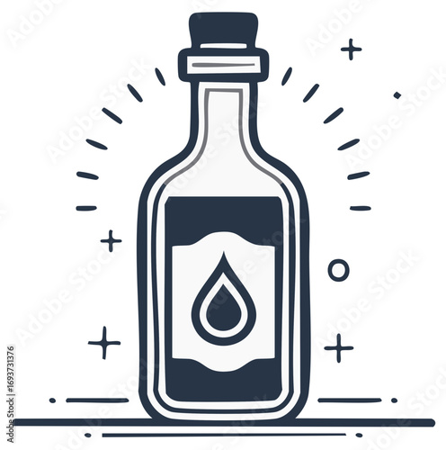 Line art icon of a glowing magic potion bottle with a drop symbol on the label