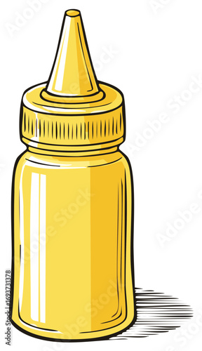 Yellow mustard condiment bottle illustration with detailed outline on a white background