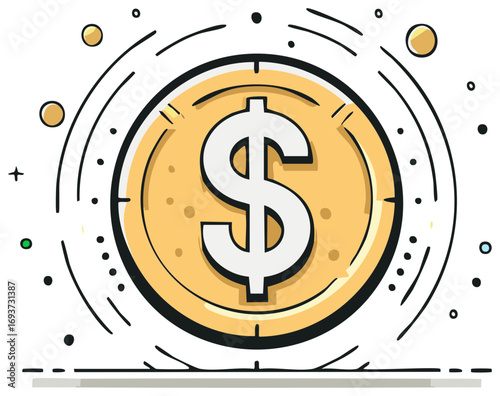 Gold coin cartoon doodle illustration. Dollar symbol, currency, wealth, payment, finance design element. Financial concept icon.