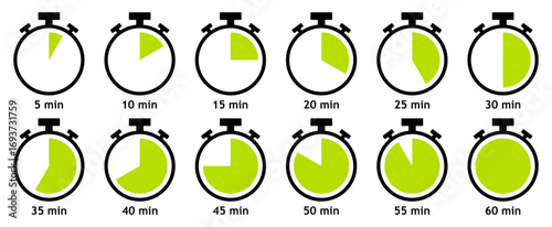 Set of stopwatch icons from 5 to 60 minutes isolated on white background. Countdown timer vector illustration. Flat design.