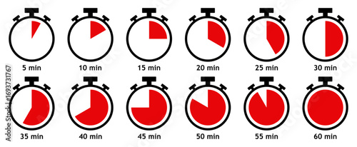 Timer, clock, stopwatch vector icon set from 5 to 60 minutes isolated on white background. Countdown timer vector illustration. Set of red stopwatch icons from 5 to 60 minutes. Flat design.