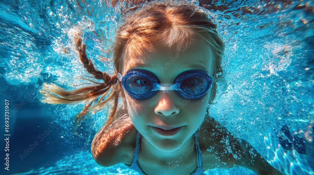 Fototapeta premium Vibrant Closeup Shot of a Girl Swimming in Stunning Bright Blue Pool Ideal for Leisure, Relaxation and Summer Campaigns, Boosting Positivity and Energy.