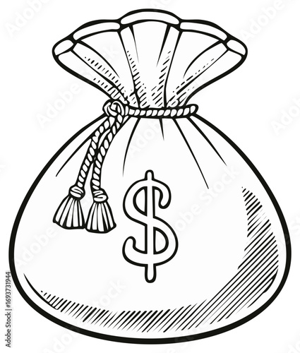 Bag of money with dollar sign illustration and rope tie, black and white drawing