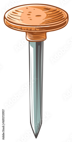 Illustration of a single copper-colored tack with a wide flat head and a silver shaft