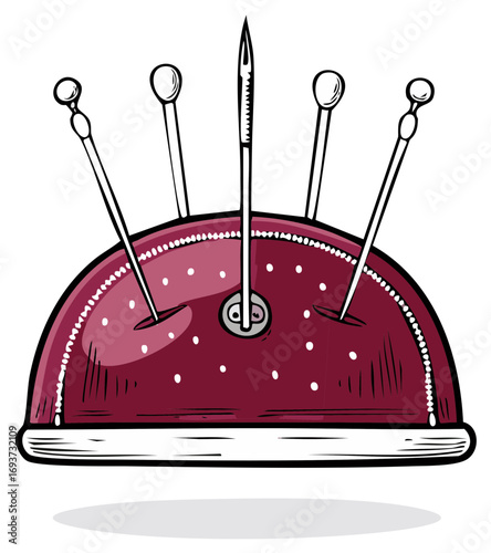 Burgundy Pin Cushion with Pins and Needle Illustration Crafting Sewing Tool Supplies Tailoring Accessories