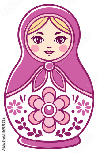 Cute illustration of a Matryoshka doll with a pink floral design.