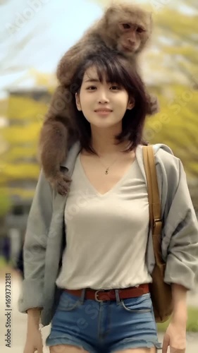 猿と遊ぶショートパンツの女性