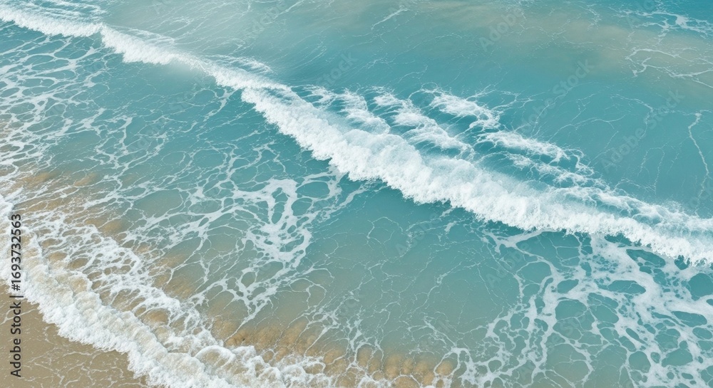 Fototapeta premium Waves crashing on a sandy beach with clear turquoise water.