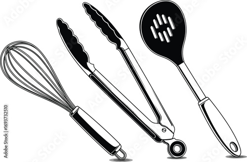 Black and white illustration of kitchen utensils: whisk, tongs, slotted spoon.