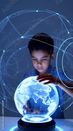 未来の地球を眺める子供
