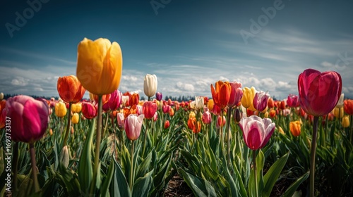 Vibrant Tulip Field under Sunny Spring Sky