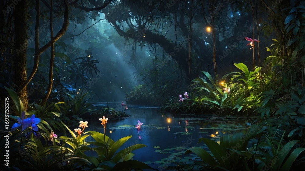 Obraz premium Enchanted jungle scene with vibrant flowers and a serene pond illuminated by soft light