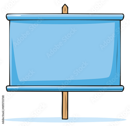 Blank blue rectangular sign on wooden post for customizable message display