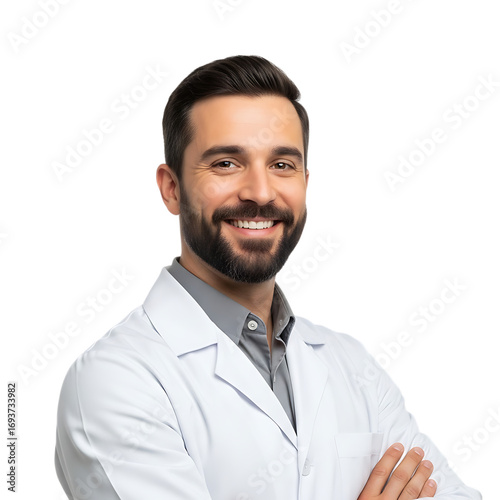 Smiling male doctor wearing white lab coat arms crossed professional portrait photography transparent background