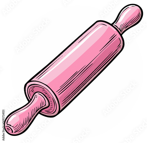 Charming Pink Rolling Pin Illustration Ideal for Baking Pastries with Sketch Style Details and Grooves