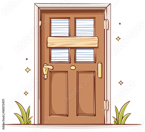 Brown wooden door illustration securely boarded up with a plank, featuring blinds and subtle shimmering effects.