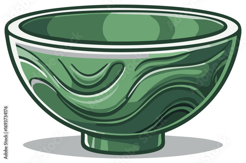 Empty green tea bowl with an abstract swirl pattern. Vector illustration of traditional ceramic pottery.