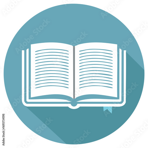 Open book with blue circle background and long shadow educational concept