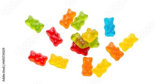 Colorful Gummy Bears Candy Isolated on White Background | Assorted Fruit Flavored Sweets for Kids Treats, Confectionery Product Photography and Advertising
