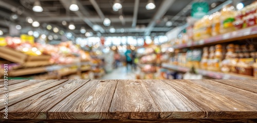 Wooden table top in front of a blurred supermarket (1)