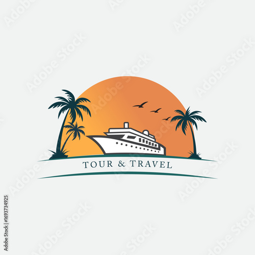 Cruise ship sailing towards tropical sunset with palm trees and birds vector design travel agency logo