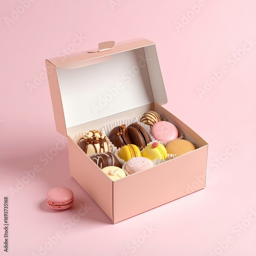 Pink box filled with assorted colorful macarons and chocolates