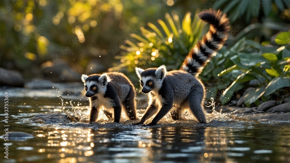 Fototapeta premium Two playful lemurs splashing in a tranquil stream surrounded by lush greenery during sunset