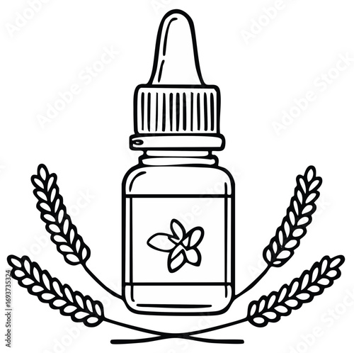 Apothecary bottle outline with flower label and wheat sprigs, clean design for natural products, herbs, health