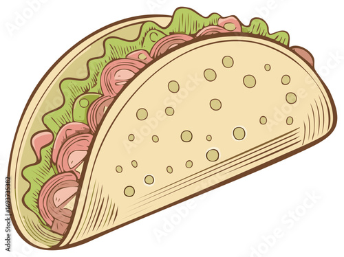 Delicious taco filled with meat and fresh lettuce in soft shell illustration