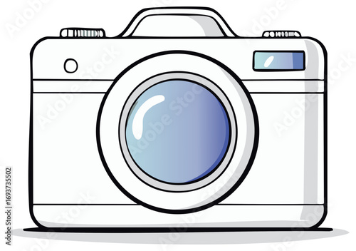 Simple cartoon illustration of a white photo camera with a blue lens and flash