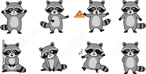 Set of cute cartoon raccoons in different poses and actions, eating pizza, sleeping, sitting, waving, adorable vector animal illustration