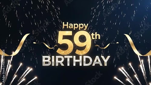 Elegant Happy 59th Birthday Animation with Sparkling Gold Text and Festive Fireworks Display