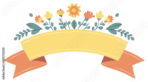 Floral banner template with ribbon in pastel colors, cute vector illustration for advertising and decoration, copy space