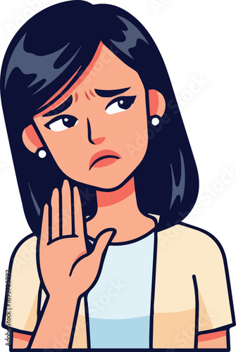 Vector illustration of an unhappy woman gesturing to stop, a cartoon female character expressing refusal, denial, and negative emotions with a hand gesture