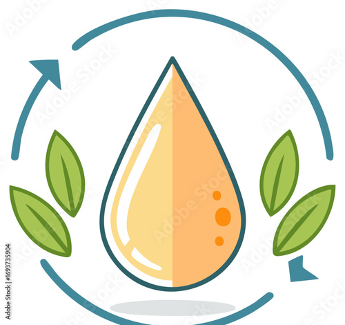 Illustration of a water droplet in a circular design with green leaves and arrow.
